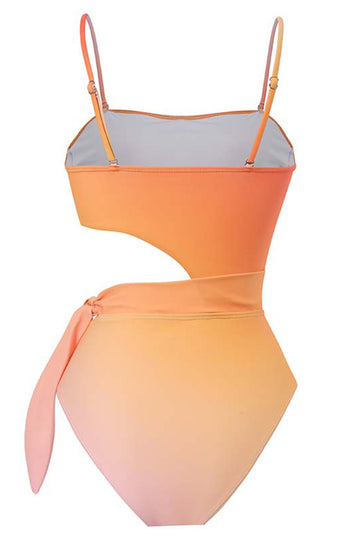 Maillot de bain une pièce orange taille haute avec découpe